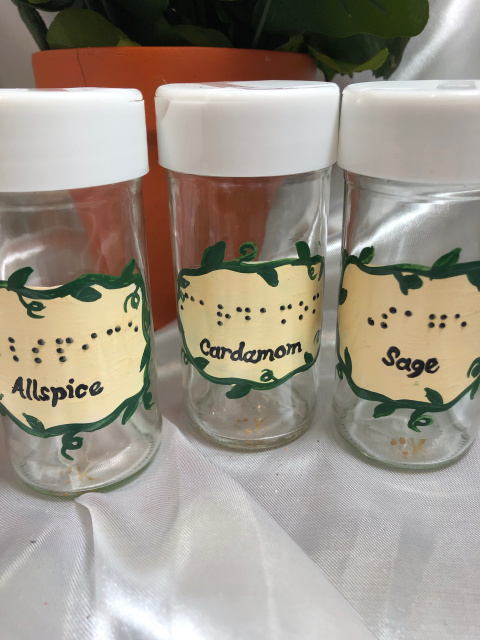 Spice Jars hand painted with raised dot Braille and script- Not a stick on label, two sided flip top lid 